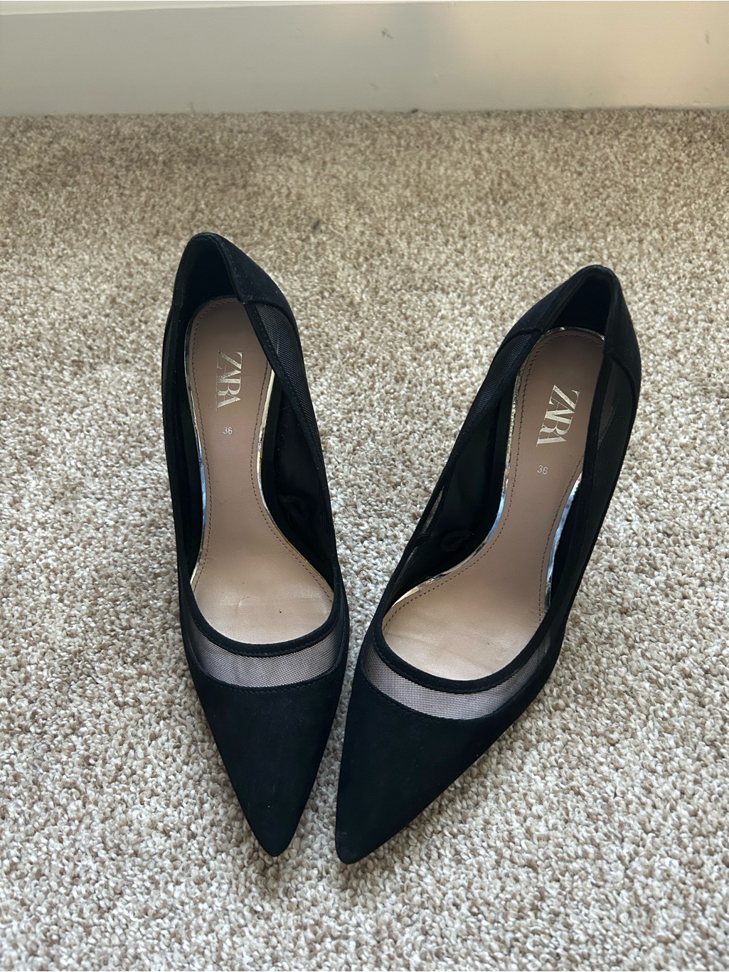 Zara Black Pointed-Toe Heels With Sheer Mesh Trim